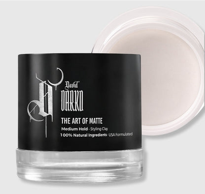 David Darko Men’s Hair Clay jar with matte black lid on white background